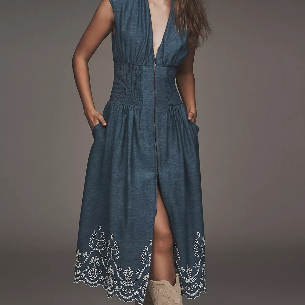 NWT Anthropologie Tommie Denim Chambray Zip Eyelet Embroidered Trim Dress Blue